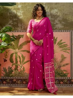 SATRANI - Women Dark Pink Bandhani Printed Silk Saree With Unstitched Blouse
