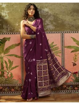 SATRANI - Women Purple Bandhani Printed Silk Saree With Unstitched Blouse