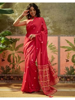 SATRANI - Women Red Bandhani Printed Silk Saree With Unstitched Blouse