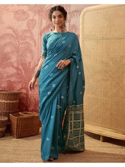 SATRANI - Women Dusty Teal Blue Bandhani Printed Silk Saree With Unstitched Blouse