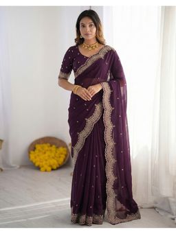 SATRANI - Women Wine Sequins Embroidery Georgette Saree With Unstitched Blouse