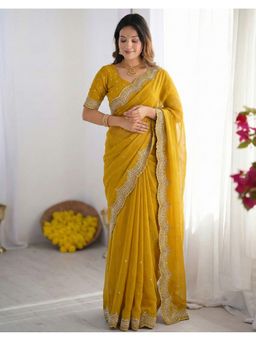 SATRANI - Women Yellow Sequins Embroidery Georgette Saree With Unstitched Blouse