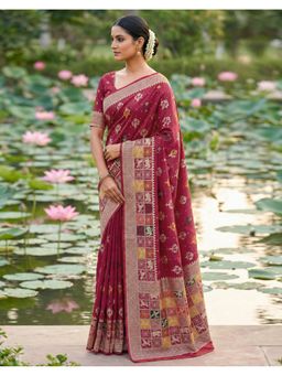 SATRANI - Women Maroon Chanderi Cotton Saree With Unstitched Blouse