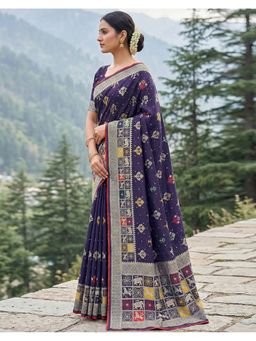 SATRANI - Women Navy Blue Chanderi Cotton Saree With Unstitched Blouse