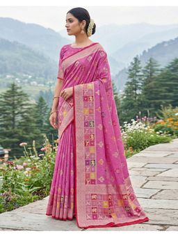 SATRANI - Women Pink Chanderi Cotton Saree With Unstitched Blouse
