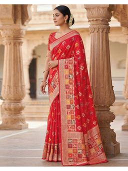 SATRANI - Women Red Chanderi Cotton Saree With Unstitched Blouse