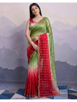 SATRANI - Women Green Sequins Embroidery Chiffon Saree With Unstitched Blouse