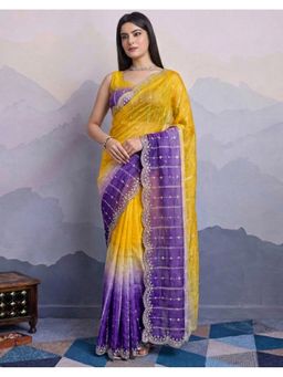 SATRANI - Women Yellow Sequins Embroidery Chiffon Saree With Unstitched Blouse
