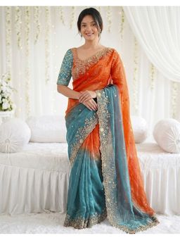 SATRANI - Women Orange Sequins Embroidery Chiffon Saree With Unstitched Blouse