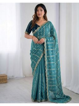 SATRANI - Women Dusty Blue Sequins Embroidery Georgette Saree With Unstitched Blouse