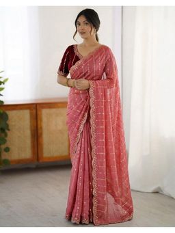 SATRANI - Women Pink Sequins Embroidery Georgette Saree With Unstitched Blouse