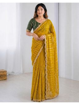 SATRANI - Women Yellow Sequins Embroidery Georgette Saree With Unstitched Blouse