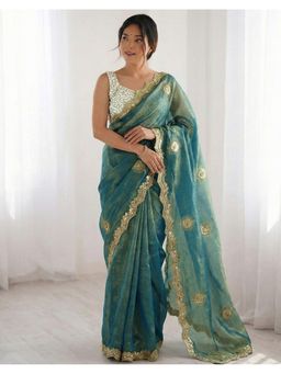 SATRANI - Women Blue Sequins Embroidery Silk Saree With Unstitched Blouse