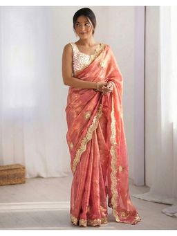 SATRANI - Women Peach Sequins Embroidery Silk Saree With Unstitched Blouse