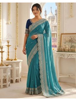 SATRANI - Women Blue Embroidery Georgette Saree With Unstitched Blouse