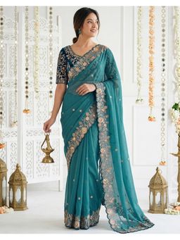 SATRANI - Women Blue Sequins Embroidery Georgette Saree With Unstitched Blouse