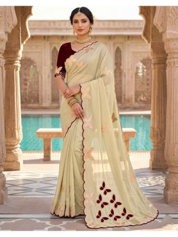 SATRANI - Women Off White Embroidery Georgette Saree With Unstitched Blouse