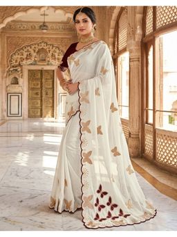 SATRANI - Women White Embroidery Georgette Saree With Unstitched Blouse