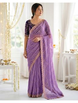 SATRANI - Women Lavender Sequins Embroidery Georgette Saree With Unstitched Blouse