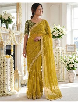SATRANI - Women Mustard Sequins Embroidery Georgette Saree With Unstitched Blouse
