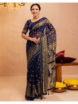 SATRANI - Women Navy Blue Georgette Saree With Unstitched Blouse