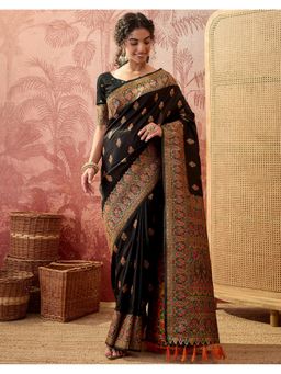 SATRANI - Women Black Silk Saree With Unstitched Blouse