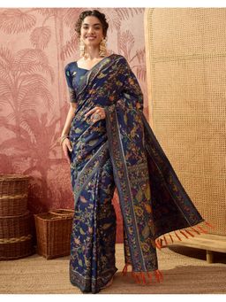 SATRANI - Women Navy Blue Silk Saree With Unstitched Blouse