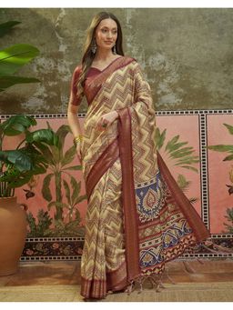 SATRANI - Women Beige Silk Saree With Unstitched Blouse