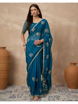 SATRANI - Women Peacock Blue Embroidery Chiffon Saree With Unstitched Blouse