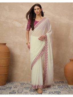 SATRANI - Women Off White Embroidery Georgette Saree With Unstitched Blouse