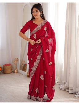 SATRANI - Women Red Sequins Embroidery Tissue Silk Saree With Unstitched Blouse