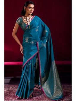 Mysilklove - Women France Blue Satin Soft Silk Saree
