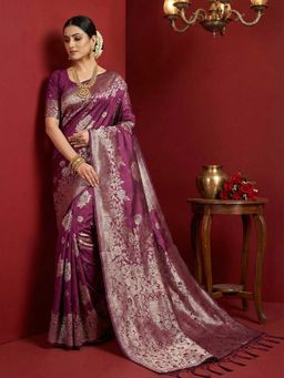 Anaita - Women Purple Silk Blend Woven Saree with Unstitched Blouse