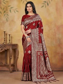 Anaita - Women'S Maroon Silk Blend Woven Saree with Unstitched Blouse