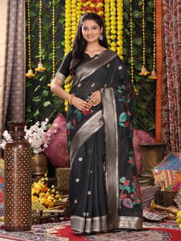 Anaita - Women's Black Linen Blend Woven Saree with Unstitched Blouse