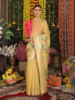 Anaita - Yellow Women Linen Blend Woven Saree with Unstitched Blouse