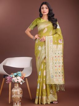 Anaita - Women Mustard Linen Blend Woven Saree with Unstitched Blouse