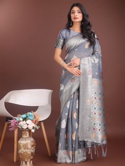 Anaita - Women Grey Linen Blend Woven Saree with Unstitched Blouse