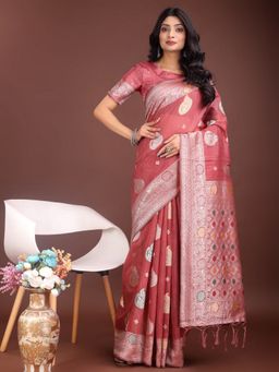 Anaita - Women Pink Linen Blend Woven Saree with Unstitched Blouse