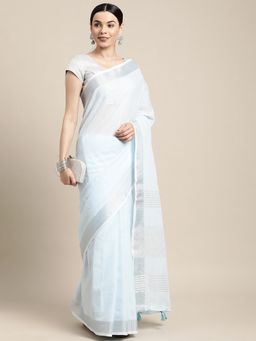 Anaita - Women Blue Linen Blend Woven Saree with Unstitched Blouse