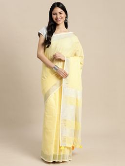 Anaita - Women Yellow Linen Blend Woven Saree with Unstitched Blouse
