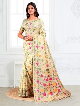 Anaita - Women Cream Linen Blend Floral Saree with Unstitched Blouse