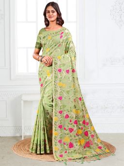 Anaita - Women'S Green Linen Blend Floral Saree with Unstitched Blouse
