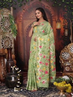 Anaita - Women Green Linen Blend Floral Saree with Unstitched Blouse