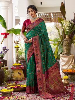 Anaita - Women Dark Green Silk Woven Saree with Unstitched Blouse