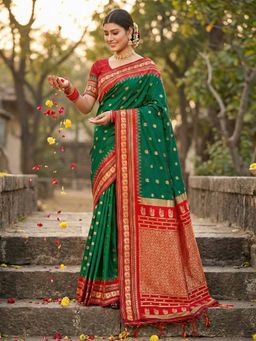 Anaita - Women'S Dark Green Silk Woven Saree with Unstitched Blouse