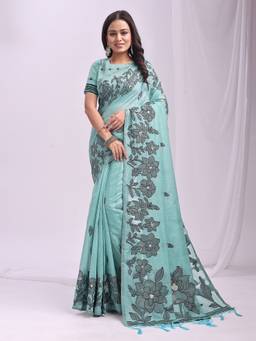 Anaita - Blue Linen Blend Printed Saree with Unstitched Blouse