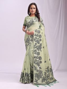 Anaita - Green Linen Blend Printed Saree with Unstitched Blouse