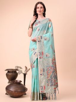 Anaita - Sky Blue Linen Blend Woven Saree with Unstitched Blouse