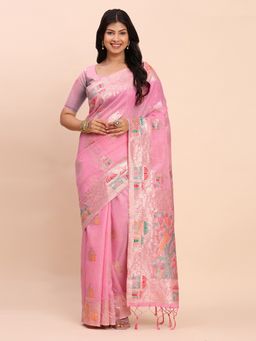 Anaita - Pink Women Linen Blend Woven Saree with Unstitched Blouse